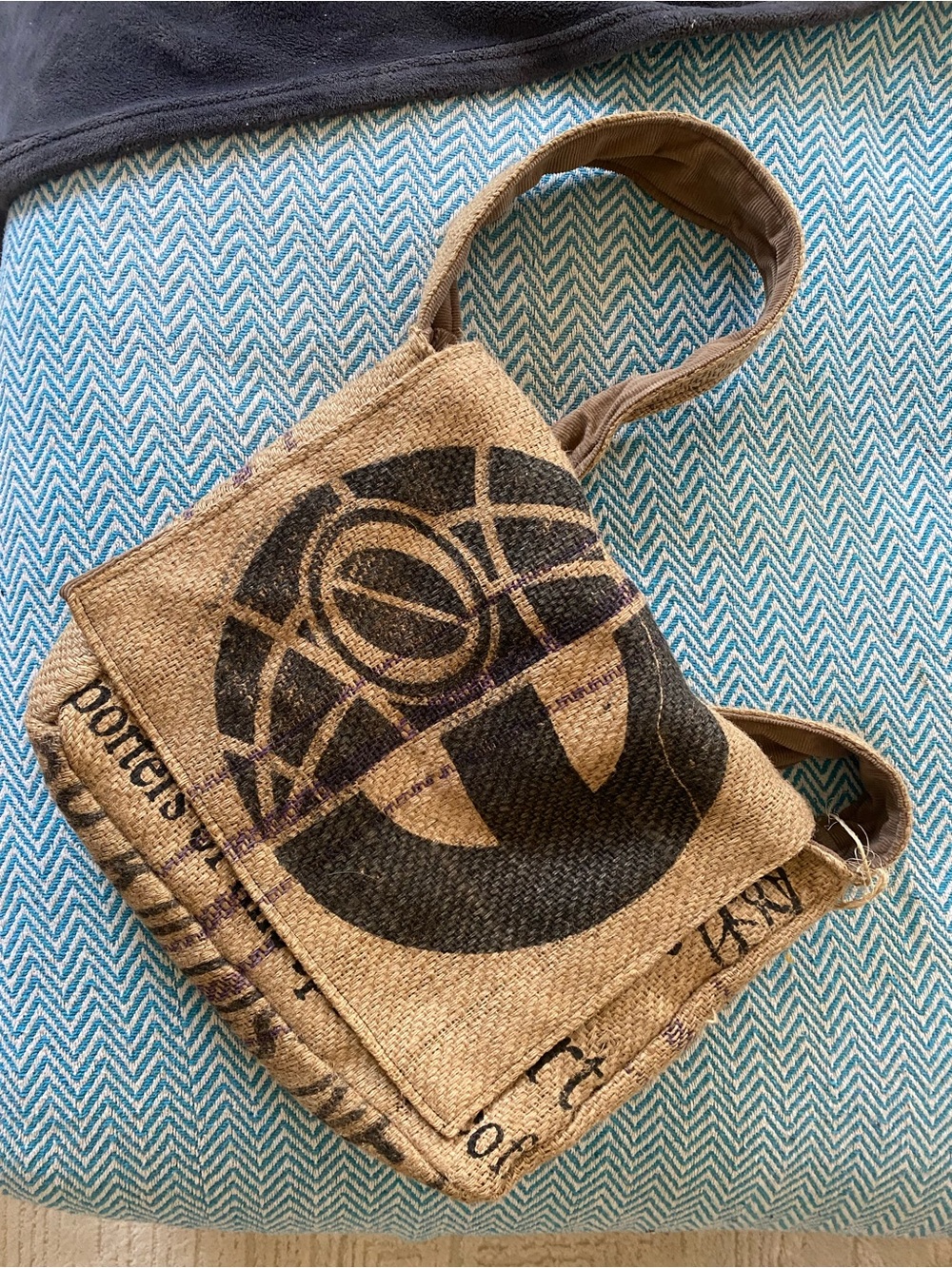 Jute Crossbody Shoulder Bag in Natural Brown with Black Print